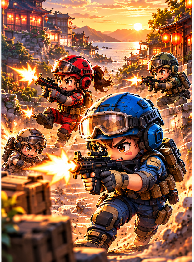 多名士兵在九份街巷互相交戰