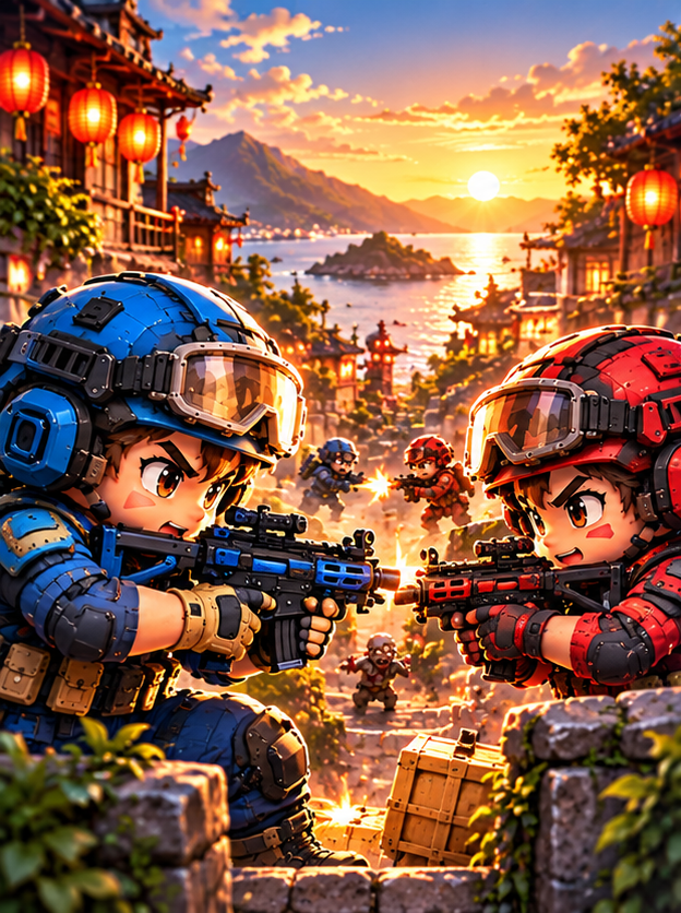 藍紅雙方士兵在九份夕陽中正面對峙