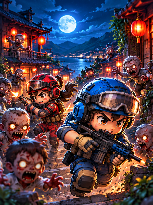 藍隊士兵在九份夜巷撤退，後方喪屍追逐